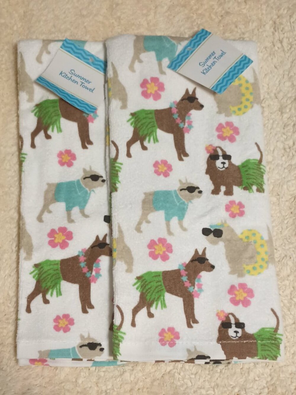 NWT ~ A Pair of Summer Beach "Pawty" Dog Themed Kitchen Towels, 16" x 26" each
